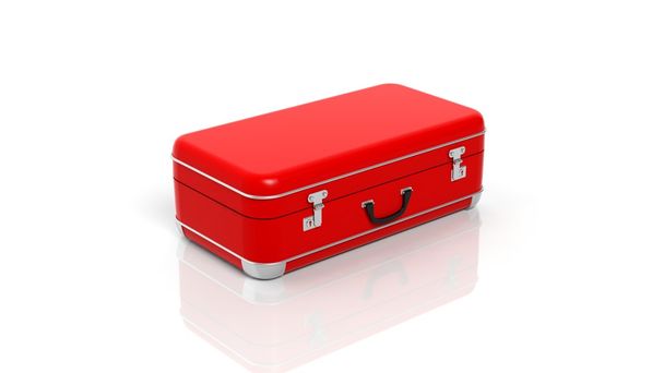 白い背景で隔離赤い旅行スーツケース - 写真・画像