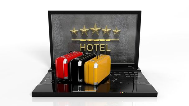 ノート パソコンのキーボードの画面上の 5 つ星ホテルのシンボルのスーツケース - 写真・画像