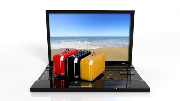 Чемоданы на черной клавиатуре ноутбука с пляжем на экране, изолированные
 - Фото, изображение