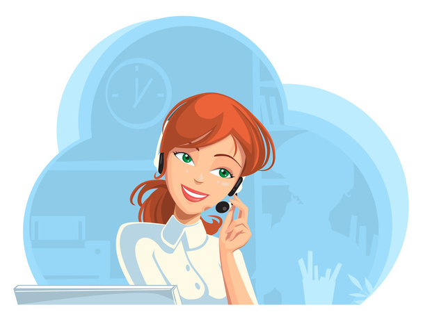 Glimlachend ondersteuning telefoon vrouwelijke exploitant in hoofdtelefoon op kantoor. - Vector, afbeelding