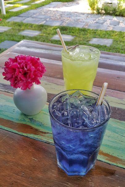 Kolorowy napój lodowate napoje w ogrodzie - Zdjęcie, obraz