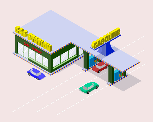 Isometrische tankstation met auto's, benzine pomp spuitdoppen, markt, café en markeringen op de weg - Vector, afbeelding
