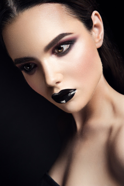 Beauty Fashion Model Girl with Black Make up. Dark Lipstick. - Fotografie, Obrázek