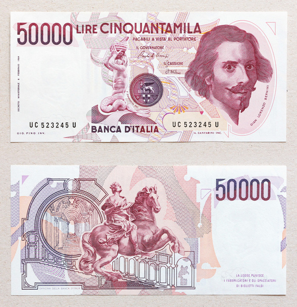 ιταλική λίρα τραπεζογραμματίων, 50000, Μπερνίνι - Φωτογραφία, εικόνα