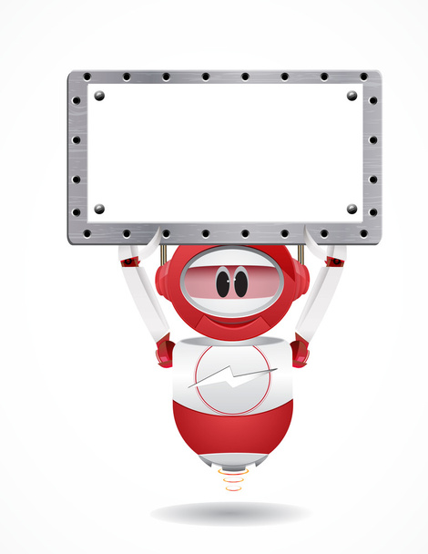 Czerwony zabawny robot trzyma metalu textboard - Wektor, obraz