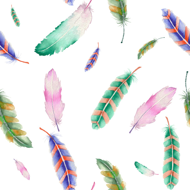 ein nahtloses Muster mit den aquarellfarbenen Federn - Foto, Bild