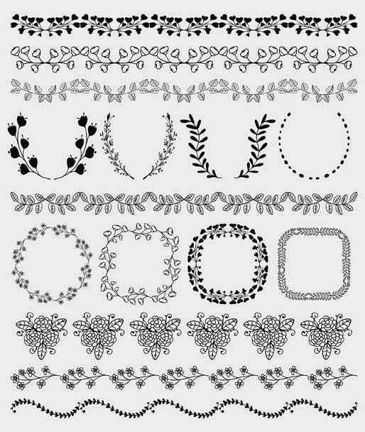 Black Hand Sketched Seamless Borders, Frames, Branches - Вектор,изображение