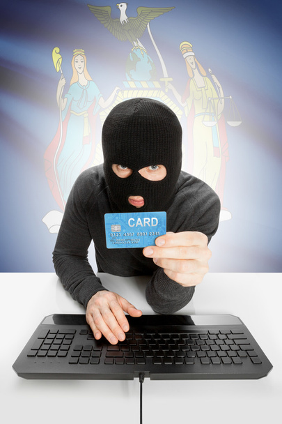 Hacker holding credit card with US state flag on background - New York - Фото, зображення
