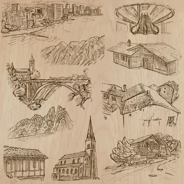 architecture and places around the world - freehand drawings - Vector, Imagen