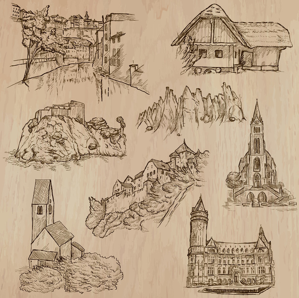 architecture and places around the world - freehand drawings - Vetor, Imagem