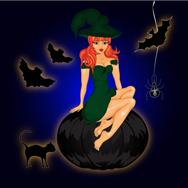 Halloween background with witch and pumpkin - Vector, Image