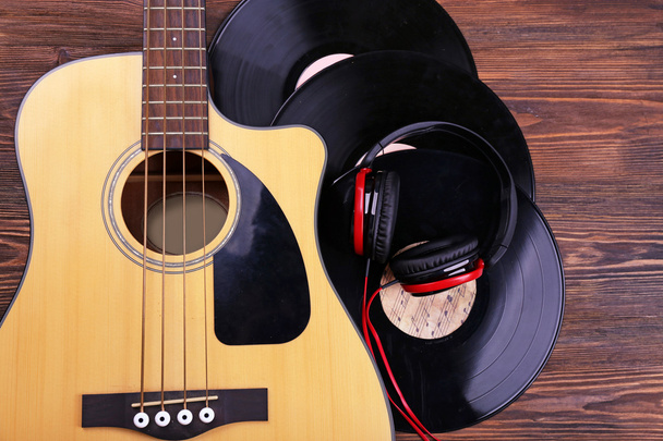 Guitar with vinyl records - Photo, Image