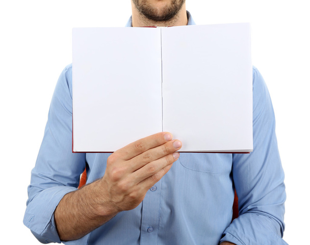 Man holding book isolated on white - Zdjęcie, obraz