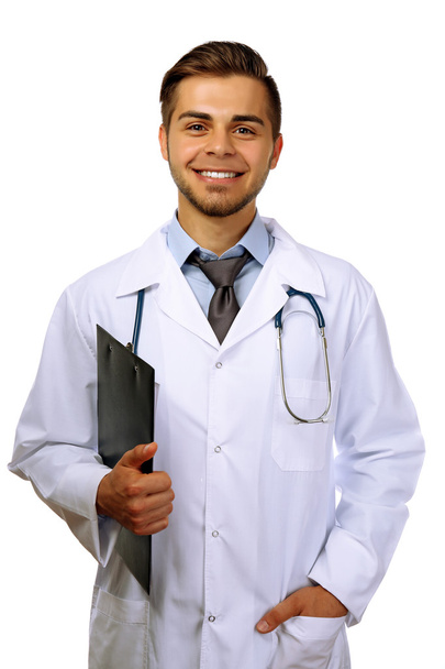 Мужской врач с папкой, изолированной на белом
 - Фото, изображение