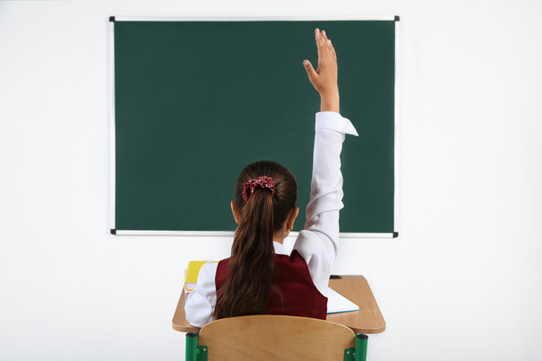 Beautiful little schoolgirl in classroom near blackboard - Foto, Imagen