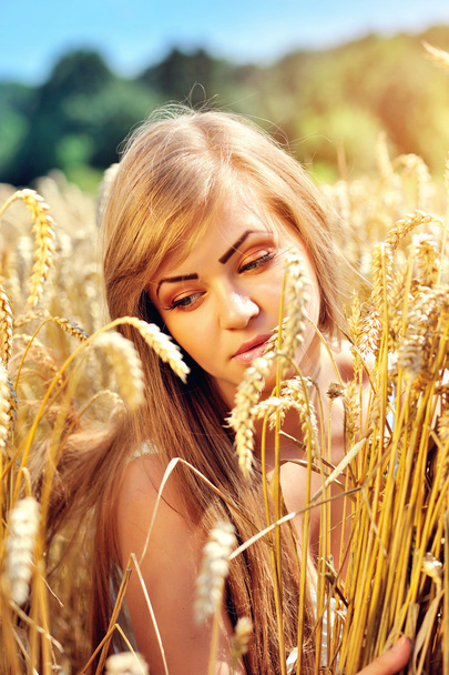 Joven hermosa mujer en el campo de trigo dorado
 - Foto, Imagen