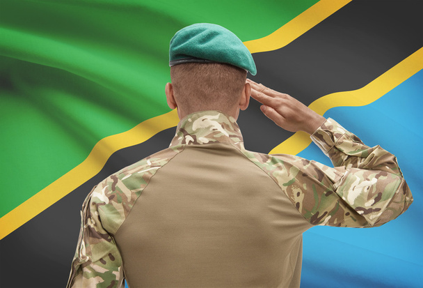 Dunkelhäutige Soldat mit der Fahne auf Hintergrund - Tansania - Foto, Bild