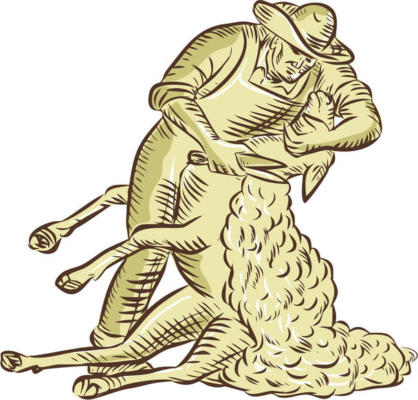 Сільськогосподарський працівник Перемішування вівці Офорт
 - Вектор, зображення