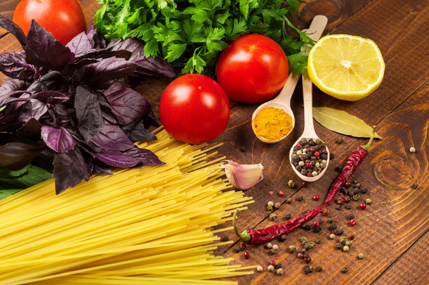 Pasta, vegetables, basil, spices - Foto, Imagem