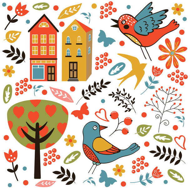 Colorful seamless pattern with birds, flowers and houses - Vetor, Imagem