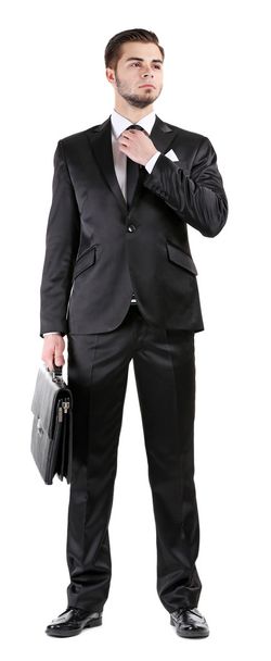 Elegant man in suit with briefcase isolated on white - Valokuva, kuva