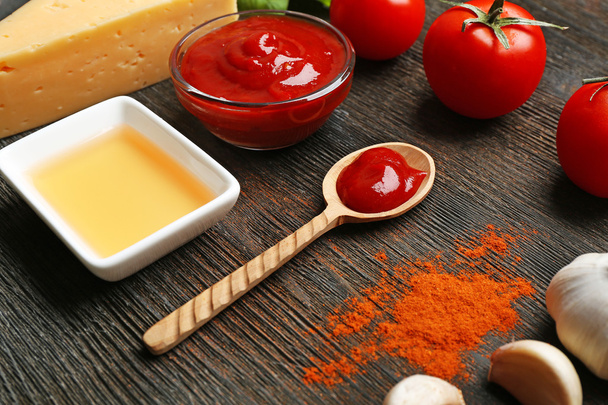 Ingredients for cooking pizza on wooden table, closeup - Valokuva, kuva