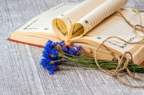 Σελίδες βιβλίου διπλωμένο σε μια καρδιά και ένα λουλούδι του μπουκέτο cornflowe - Φωτογραφία, εικόνα