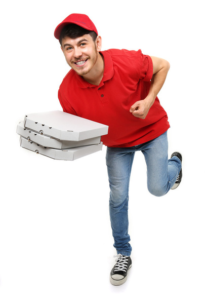 Delivery boy with cardboard pizza box isolated on white - Foto, imagen