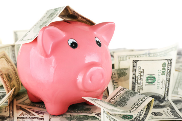 Piggy bank on pile of dollars, closeup - Fotó, kép