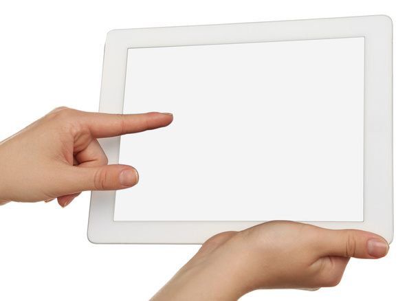 Hands holding tablet isolated on white - Zdjęcie, obraz