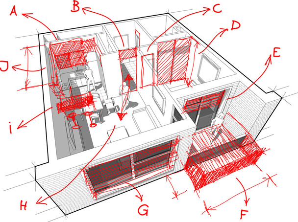 Διαμέρισμα διάγραμμα με το χέρι συντάσσονται αρχιτέκτονες σημειώσεις - Διάνυσμα, εικόνα