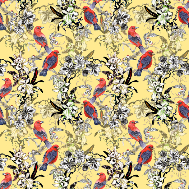 Wild exotic red birds on yellow - Foto, immagini