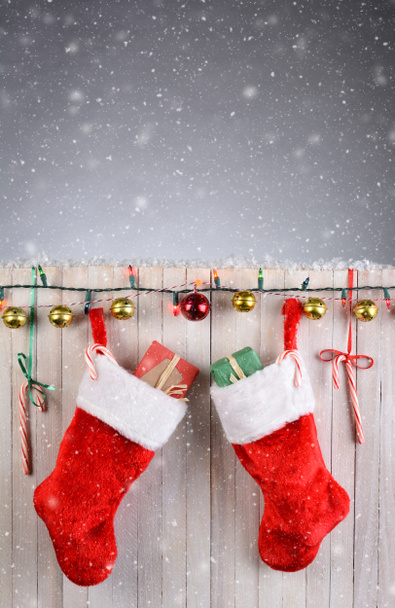 Christmas Stockings Rustic Fence - Fotoğraf, Görsel
