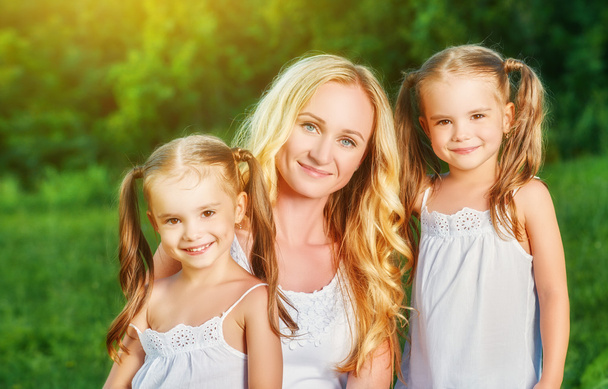 happy family mother and children twin sisters on meadow in summe - Foto, immagini