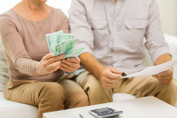 close up of senior couple with money and bills - Foto, afbeelding