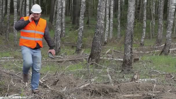 Forest ingenieur met mobiele telefoon in bos - Video