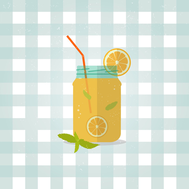Vector icon lemonade illustration. Minimalist food icon in flat style. Refreshing drink from lemons with herbs. Lemon Barley. Checkered tablecloth background. - ベクター画像