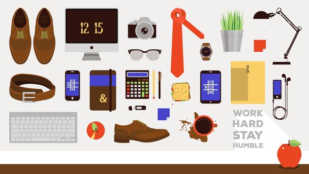 Vector workplace concept. Set of business icons in flat design. Every day carry businessman office items collection. Outfit accessories, things, tools, devices, essentials, equipment. Man workplace - Vektör, Görsel
