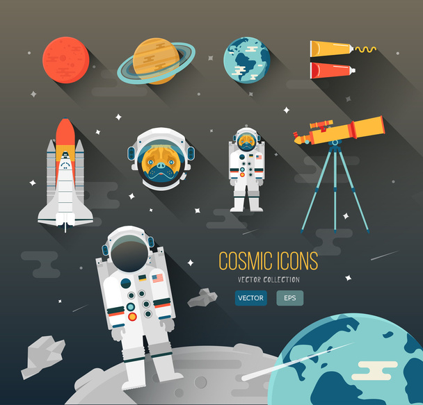 Vector flat education space illustration. Planets of solar system. Astronaut of space program. Cute character pug. Space Shuttle. Telescope. Space food. Planet Mars, Saturn, Earth. Space icon design - Vector, Image