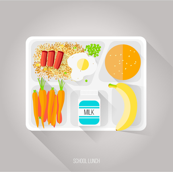Vector illustration. Flat style. School lunch. Healthy food for students. Beef and vegetable fried rice. Green peas. Omelet. Boiled carrots. Small packaging milk. Sesame bun. Banana. Cardboard tray. - Vektor, obrázek