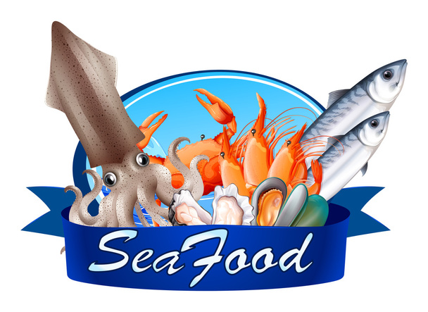 Meeresfrüchte-Etikett mit verschiedenen Meeresfrüchten - Vektor, Bild