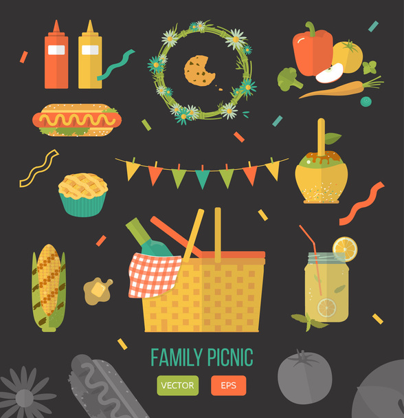 Vector illustration family picnic. Summer, spring barbecue and picnic icons set. Flat style. Snacks, vegetables, healthy food. Family party items, decorations, food. Romantic dinner, lunch for lovers - Vector, Image
