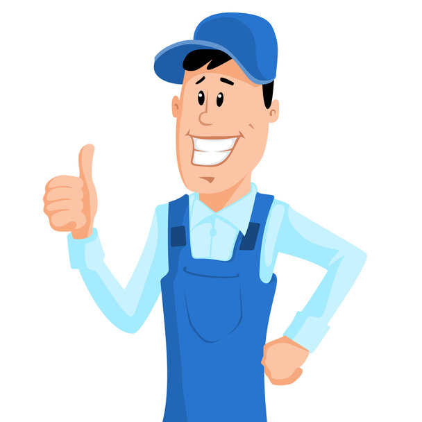 Werknemer in blauwe werkkleding duim opdagen - Vector, afbeelding