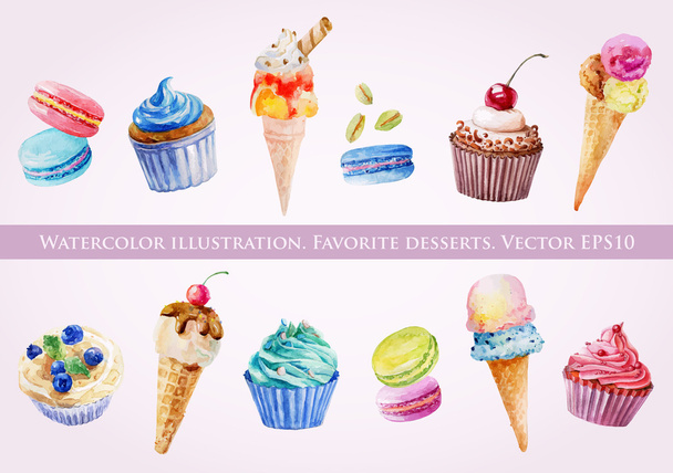Illustrationen von Eis, Muffins und Makronen. - Vektor, Bild