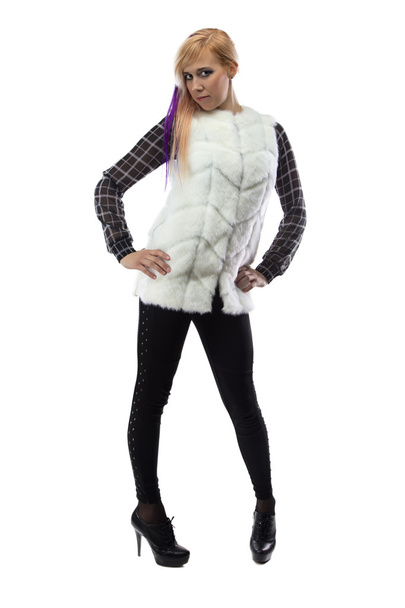 Photo of blonde in white fur jacket, chin down - Photo, Image