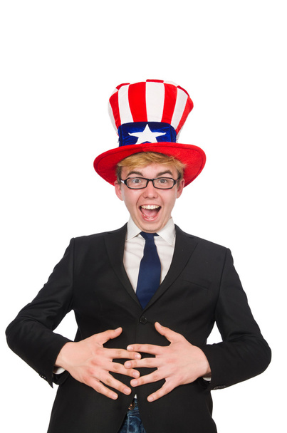 Podnikatel s americkou čepicí izolovanou na bílém - Fotografie, Obrázek