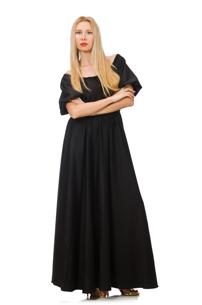Lang vrouw in lange zwarte jurk geïsoleerd op wit - Foto, afbeelding