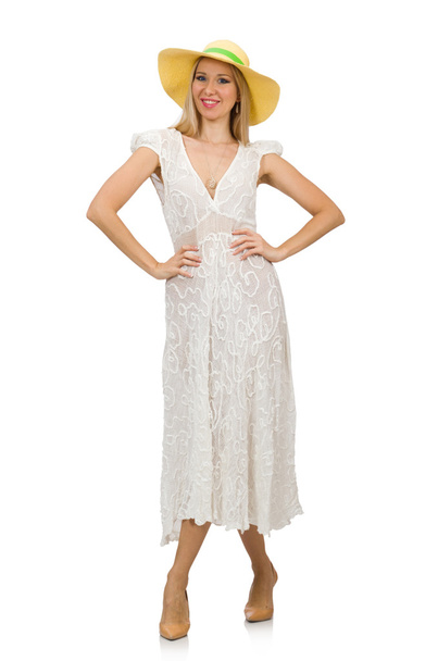 Woman in long summer dress and hat isolated on white - Foto, immagini