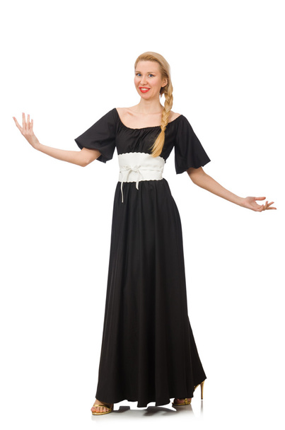 Ψηλή γυναίκα με μακρύ μαύρο φόρεμα απομονωμένη σε λευκό - Φωτογραφία, εικόνα
