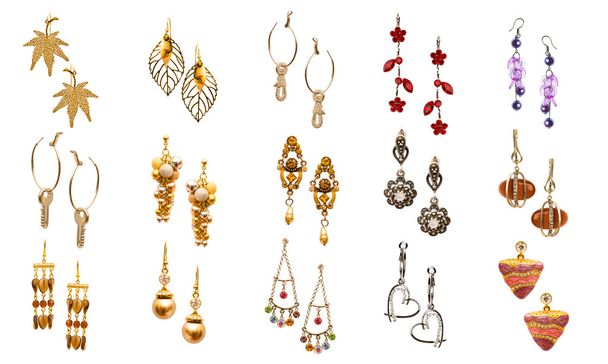 Set of various earrings isolated on white - Photo, Image
